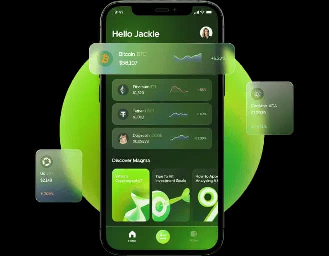 Illustration of a crypto portfolio on a smartphone with floating coin cards